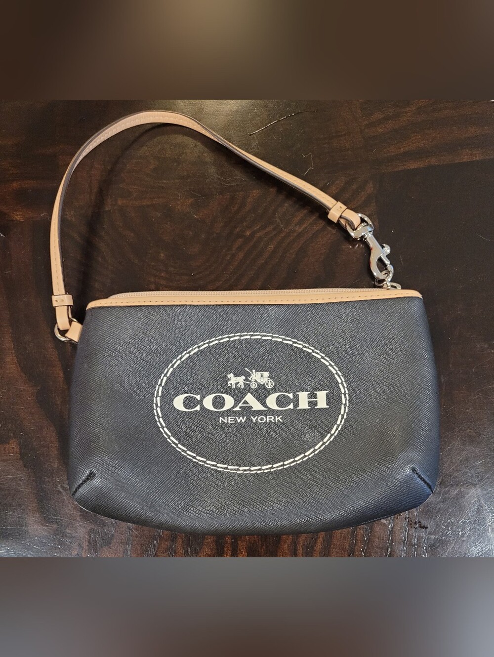 Coach Black and Tan Wristlet with Logo